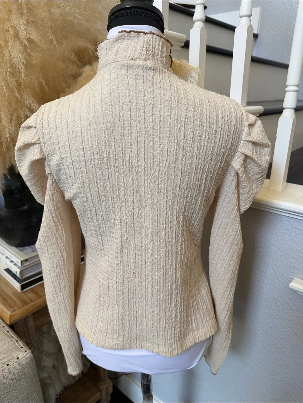 FREE PEOPLE Ela Mock Neck Puff Sleeve Blouse Beige Size Small